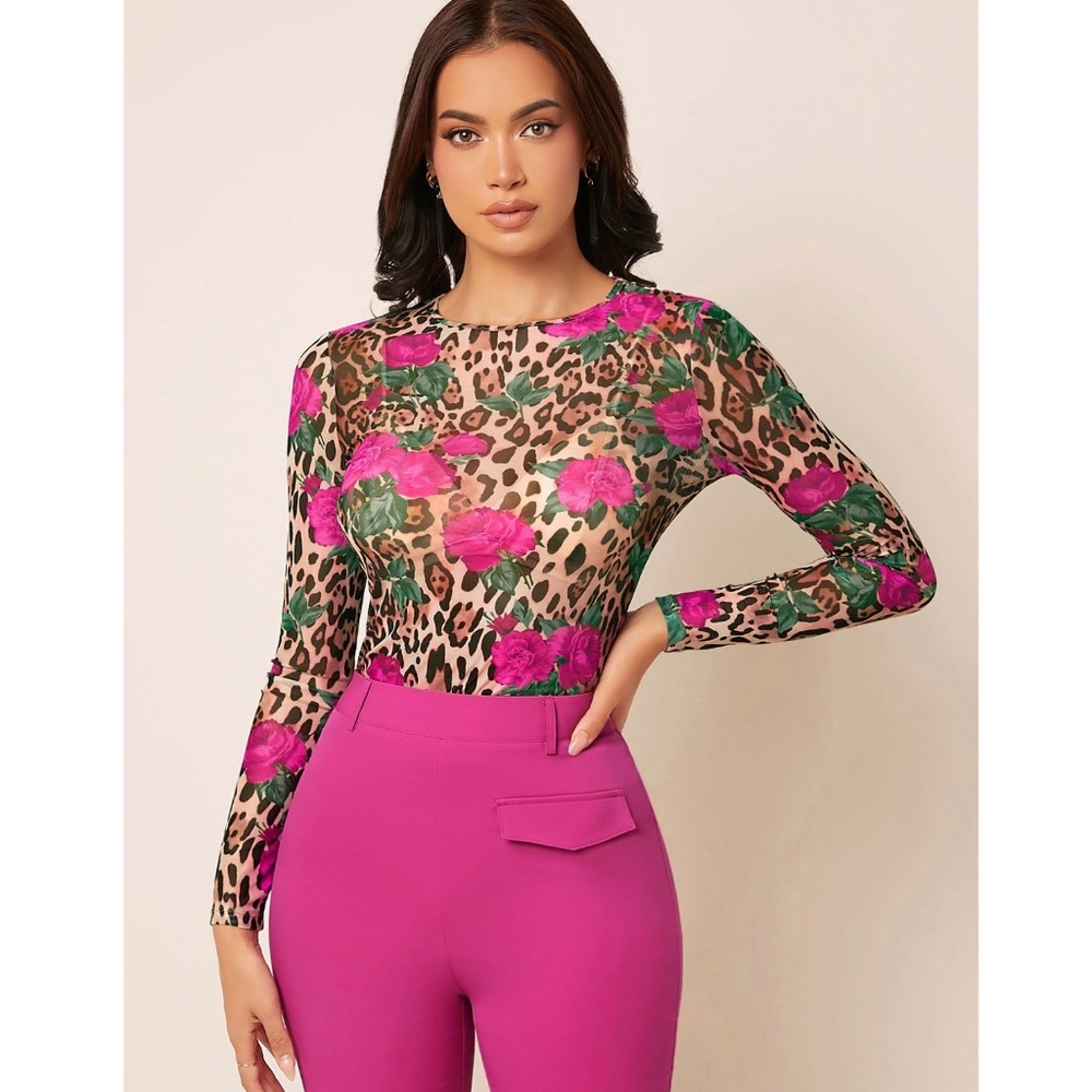 Pink Floral Cheetah Animal Print Mesh Long Sleeve Shirt - Picture 2 of 7